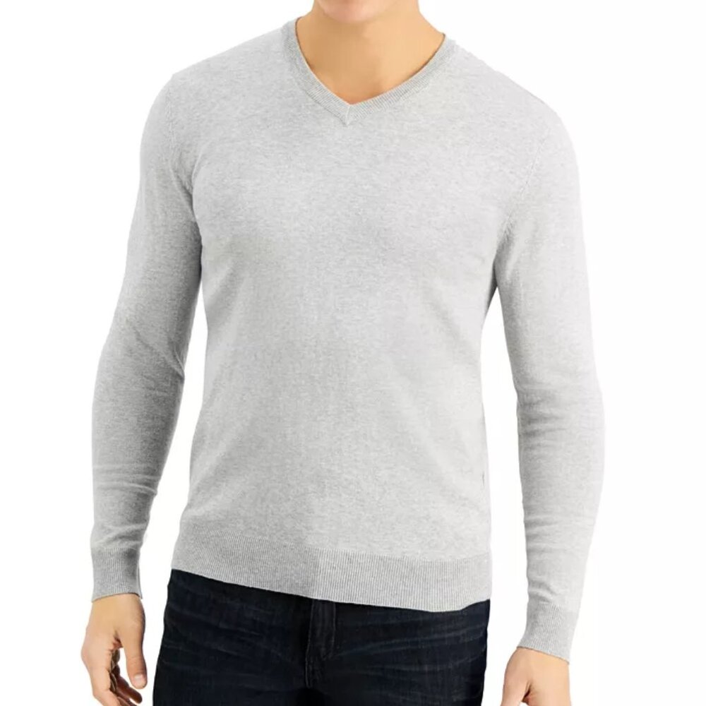 🔥 Alfani | Light Gray Men's Solid V-Neck Cotton Sweater Large